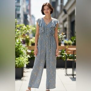 Lulu’s Dreamy Daytime Blue Floral Print Ruffle Cottagecore Wide-Leg Jumpsuit